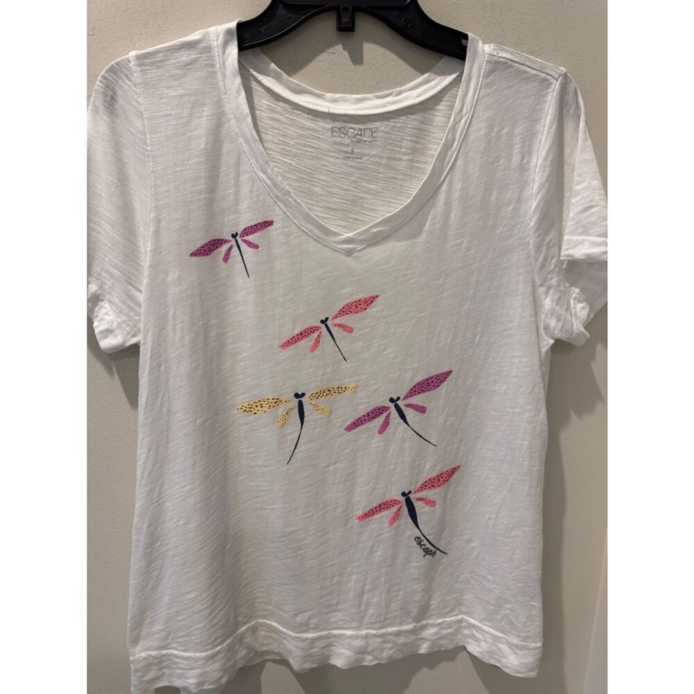 Escape Women's White V-Neck Tee with Pink & Yellow Dragonfly Print cotton size S